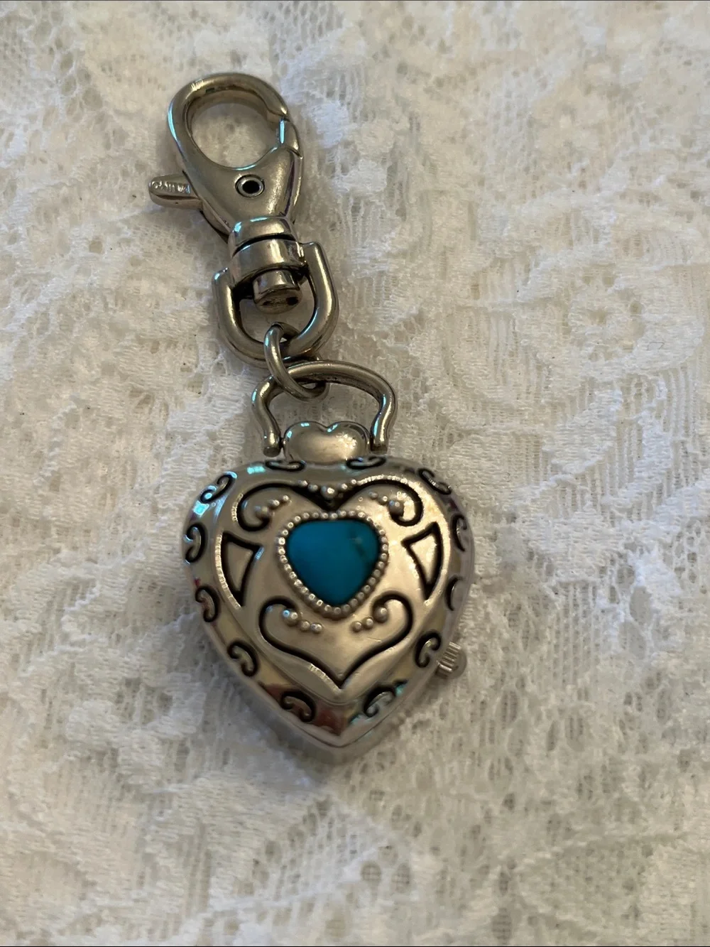 Heart Locket Keychain Watch Charm with Turquoise Accent